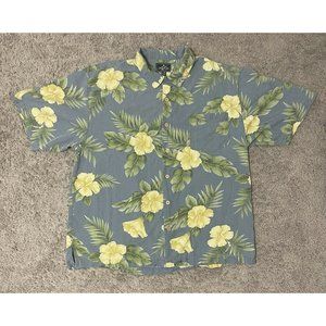 BERMUDA BAY, SIZE XL Men's Hawaiian Floral 100% SILK Button Down Blue Shirt